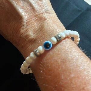 White beaded Evil Eye Stretch Bracelet